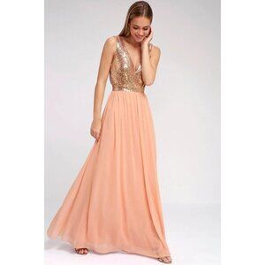 Lulus Dress Rose Gold Encounter Deep V Sequin Prom Event Maxi Party Pink M New